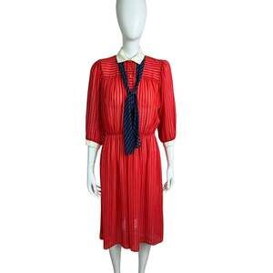Vintage 1980s Red Striped Sheer Chiffon Midi Dress with Contrasting Collar